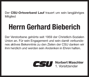 Traueranzeige von Gerhard Bieberich von Pegnitz-Zeitung
